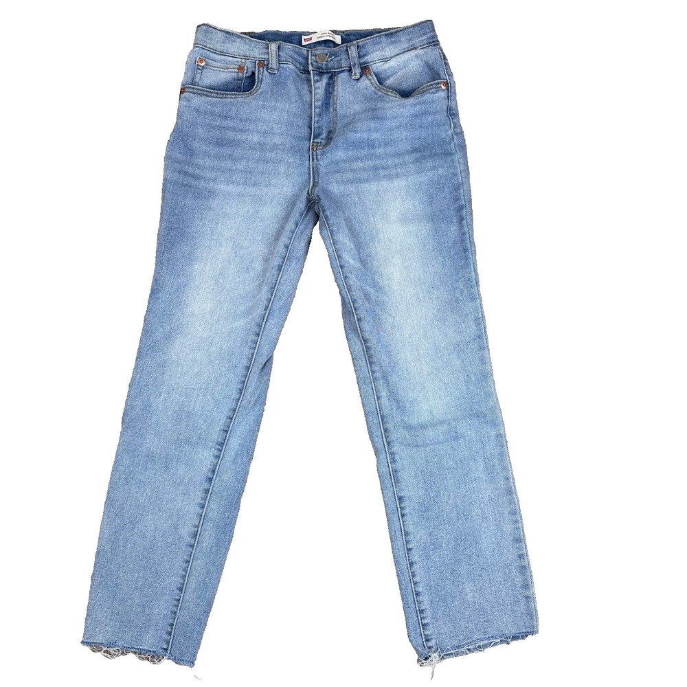 Levi's High Rise Ankle Straight Jeans Blue Denim Raw Hem Cropped Girls 23 X 24.5
